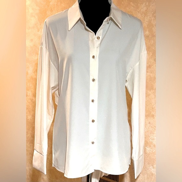 🎁 Unique! 🥀 Long Sleeve Solid Color Button Front Pleated Back Chic Blouse - Picture 6 of 8